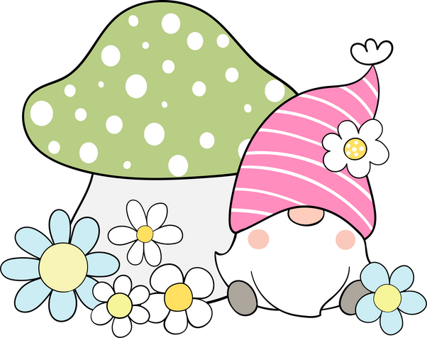 Cute Gnome with Flowers and Mushroom